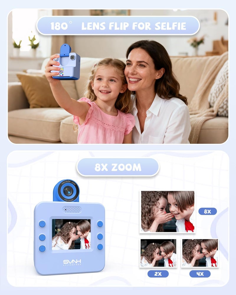 Sylvanthos Kids Camera Instant Print, Digital Camera for Kids, 180° Rotating Selfie Lens with 32GB SD Card & 2 Rolls Printing Paper Kids Toy Birthday Gifts for Boys Girls Ages 3-12, Blue - Image 4